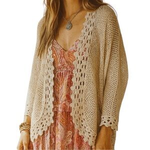 Vintage TanJay Beige Knit Crochet Open Front Boho Retro Cardigan Medium